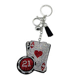Hotfix rhinestone red heart ace of spades poker chip keychain, tassel rhinestone bag charm, fashion car accessory