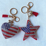 American flag heart star keychain korean velvet rhinestone soft bag charm car wallet zipper accessory