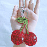 Cherry hotfix rhinestone keychain, korean velvet rhinestone fruit bag charm, color block sweet bag accessory, lightweight