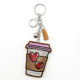 Diamond-studded heart coffee cup keychain - european & american style tassel metal charm - bag accessory - cross-border hot seller