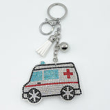 Diamond-studded ambulance keychain with tassel metal pendant - creative healthcare gift accessory, cross-border hot seller