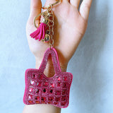 Purple-red korean velvet rhinestone bag charm keychain - minimalist bag accessory, car key ring