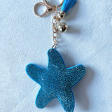 Korean velvet starfish hotfix rhinestone keychain - ocean-themed bag charm with cute blue seashell accents