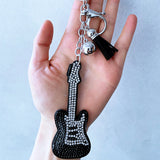 Cross-border hot seller: korean velvet guitar hotfix rhinestone keychain - trendy bag charm, musical instrument style accessory pendant