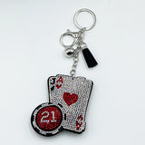 Hotfix rhinestone red heart ace of spades poker chip keychain, tassel rhinestone bag charm, fashion car accessory