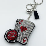 Hotfix rhinestone red heart ace of spades poker chip keychain, tassel rhinestone bag charm, fashion car accessory