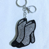 Black high heel shoe charm with rhinestone accents, korean velvet hotfix keychain, super sparkly women's bag accessory, lightweight and durable