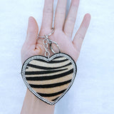 Korean velvet leopard heart charm pendant keychain with rhinestone accents