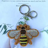 Cute korean velvet rhinestone bee car keychain leather hotfix insect pendant car bag charm accessory
