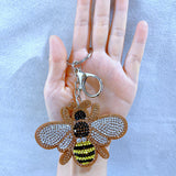 Cute korean velvet rhinestone bee car keychain leather hotfix insect pendant car bag charm accessory