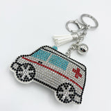 Diamond-studded ambulance keychain with tassel metal pendant - creative healthcare gift accessory, cross-border hot seller