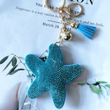 Korean velvet starfish hotfix rhinestone keychain - ocean-themed bag charm with cute blue seashell accents