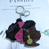 Trending black girl keychain - korean velvet hotfix rhinestone european & american style portrait - unique bag & luggage accessory