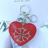 Heart keychain korean velvet hotfix rhinestone heart embroidered cross bag charm retro religious schoolbag handbag accessory