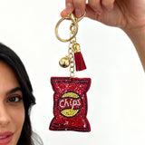 Cross-border hot-selling diamond-studded potato chip keychain, hot-fix rhinestone tassel bag charm, trendy women's jewelry accessory