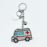 Diamond-studded ambulance keychain with tassel metal pendant - creative healthcare gift accessory, cross-border hot seller