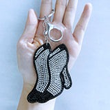 Black high heel shoe charm with rhinestone accents, korean velvet hotfix keychain, super sparkly women's bag accessory, lightweight and durable