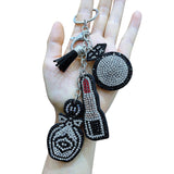High-quality korean velvet hotfix rhinestone bag charm - double-sided diamond lipstick perfume bottle tassel keychain