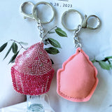 Korean velvet strawberry cake keychain - sweet treat design, leather hotfix rhinestone, cute & healing bag charm