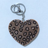 Korean velvet leopard heart charm pendant keychain with rhinestone accents