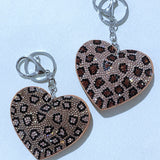 Korean velvet leopard heart charm pendant keychain with rhinestone accents