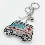 Diamond-studded ambulance keychain with tassel metal pendant - creative healthcare gift accessory, cross-border hot seller