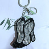 Black high heel shoe charm with rhinestone accents, korean velvet hotfix keychain, super sparkly women's bag accessory, lightweight and durable