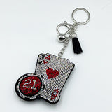 Hotfix rhinestone red heart ace of spades poker chip keychain, tassel rhinestone bag charm, fashion car accessory