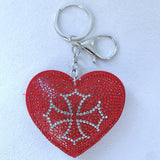 Heart keychain korean velvet hotfix rhinestone heart embroidered cross bag charm retro religious schoolbag handbag accessory