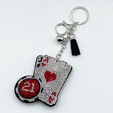 Hotfix rhinestone red heart ace of spades poker chip keychain, tassel rhinestone bag charm, fashion car accessory