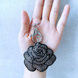 Premium grey rose hotfix rhinestone keychain - korean velvet ultra-light embossed charm - bag & jewelry accessories
