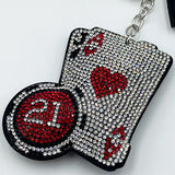 Hotfix rhinestone red heart ace of spades poker chip keychain, tassel rhinestone bag charm, fashion car accessory