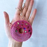 Korean velvet donut hotfix rhinestone keychain - dessert-shaped bag charm - cute girly accessory