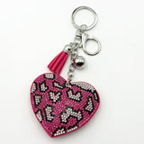 Diamond-studded leopard print heart keychain - european & american style tassel metal charm - bag accessory - tk cross-border hot seller
