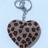 Korean velvet leopard heart charm pendant keychain with rhinestone accents