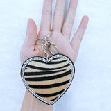 Korean velvet striped heart bag charm - vintage aesthetic keychain for autumn/winter