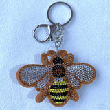 Cute korean velvet rhinestone bee car keychain leather hotfix insect pendant car bag charm accessory