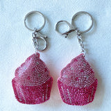 Korean velvet strawberry cake keychain - sweet treat design, leather hotfix rhinestone, cute & healing bag charm