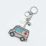 Diamond-studded ambulance keychain with tassel metal pendant - creative healthcare gift accessory, cross-border hot seller