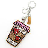 Diamond-studded heart coffee cup keychain - european & american style tassel metal charm - bag accessory - cross-border hot seller