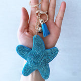 Korean velvet starfish hotfix rhinestone keychain - ocean-themed bag charm with cute blue seashell accents