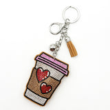 Diamond-studded heart coffee cup keychain - european & american style tassel metal charm - bag accessory - cross-border hot seller