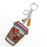 Diamond-studded heart coffee cup keychain - european & american style tassel metal charm - bag accessory - cross-border hot seller
