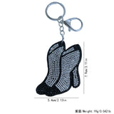 Black high heel shoe charm with rhinestone accents, korean velvet hotfix keychain, super sparkly women's bag accessory, lightweight and durable