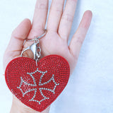 Heart keychain korean velvet hotfix rhinestone heart embroidered cross bag charm retro religious schoolbag handbag accessory