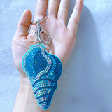 Blue conch hotfix rhinestone bag charm, korean velvet ocean creature super sparkly keychain jewelry accessory